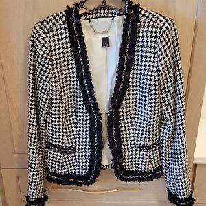 White House Black Market Houndstooth Blazer with Fringe & Chain detail